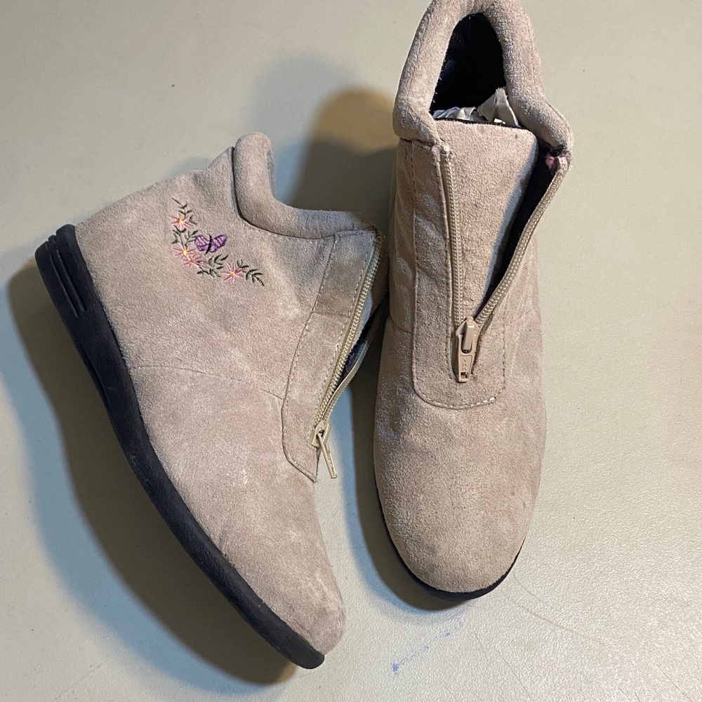Women’s Taupe Suede Zip Ankle Booties with Floral Stitching
